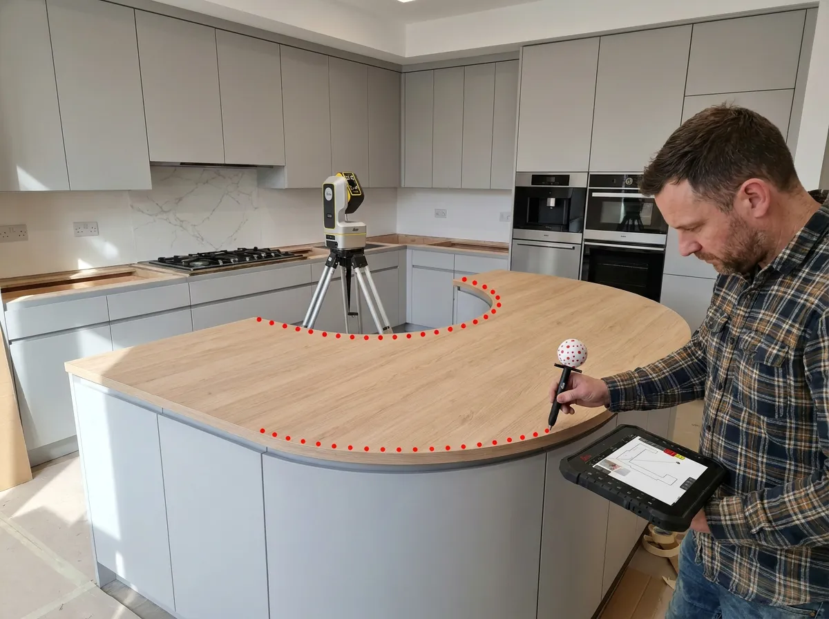 The same kitchen island measured with a vPen and tablet, red points along its curved edge
