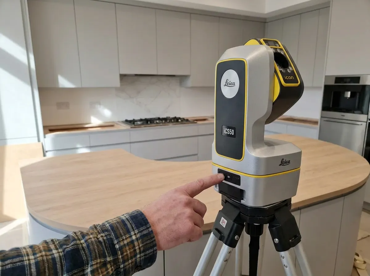 A hand switching on the iCS50 on its tripod in a kitchen