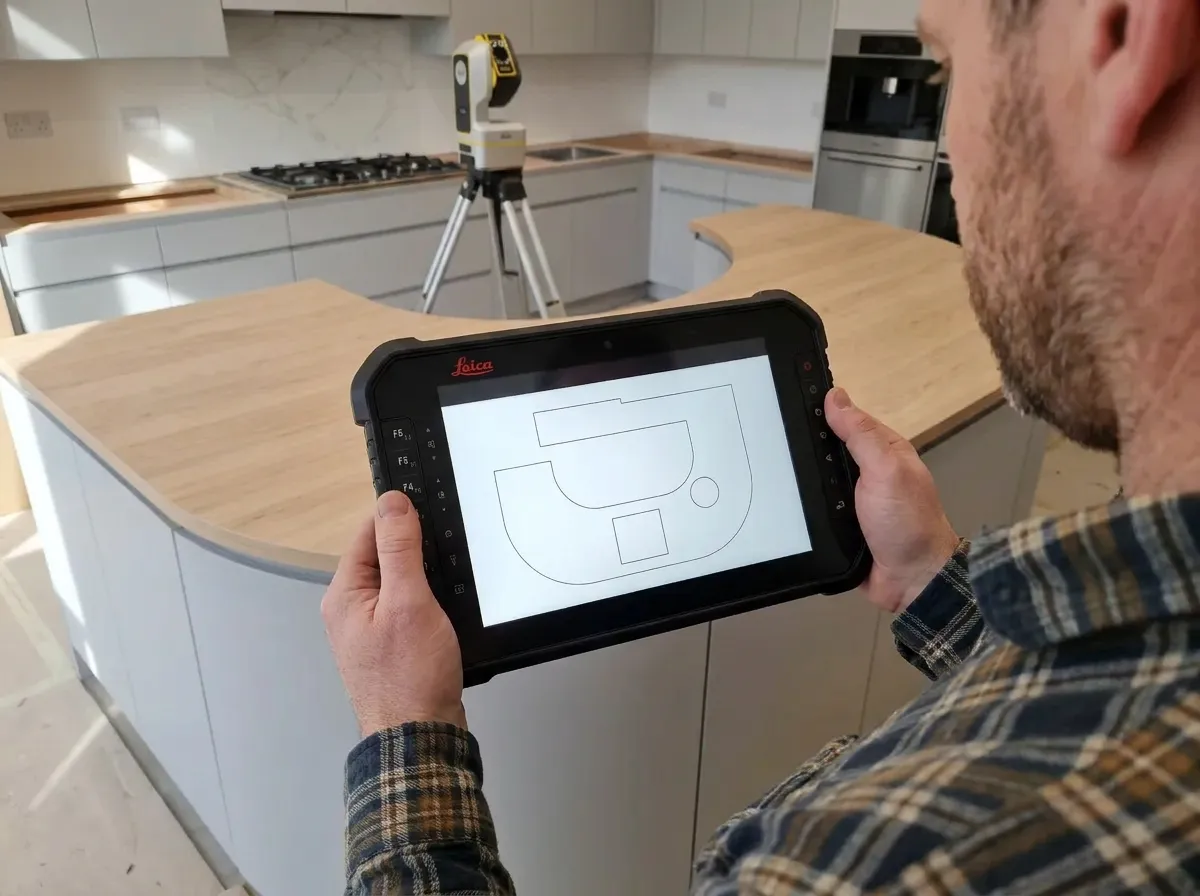 A tablet showing the worktop outline drawn from measured points, with sink and hob cut-outs