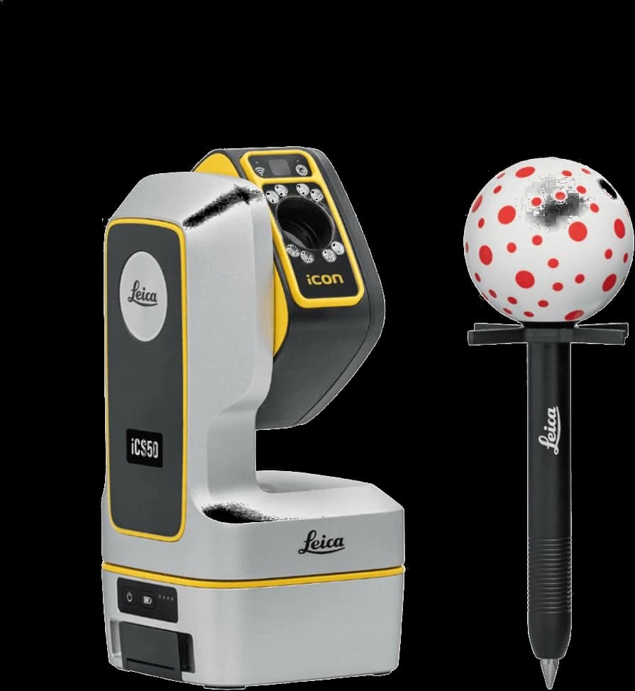The Leica iCON iCS50 measuring instrument beside its red-dot target