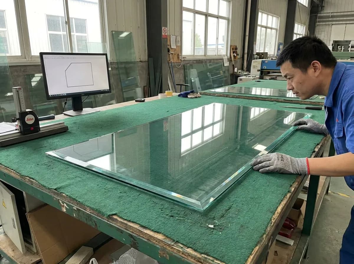A glass shower panel on a cutting table, its outline drawing on a monitor beside it