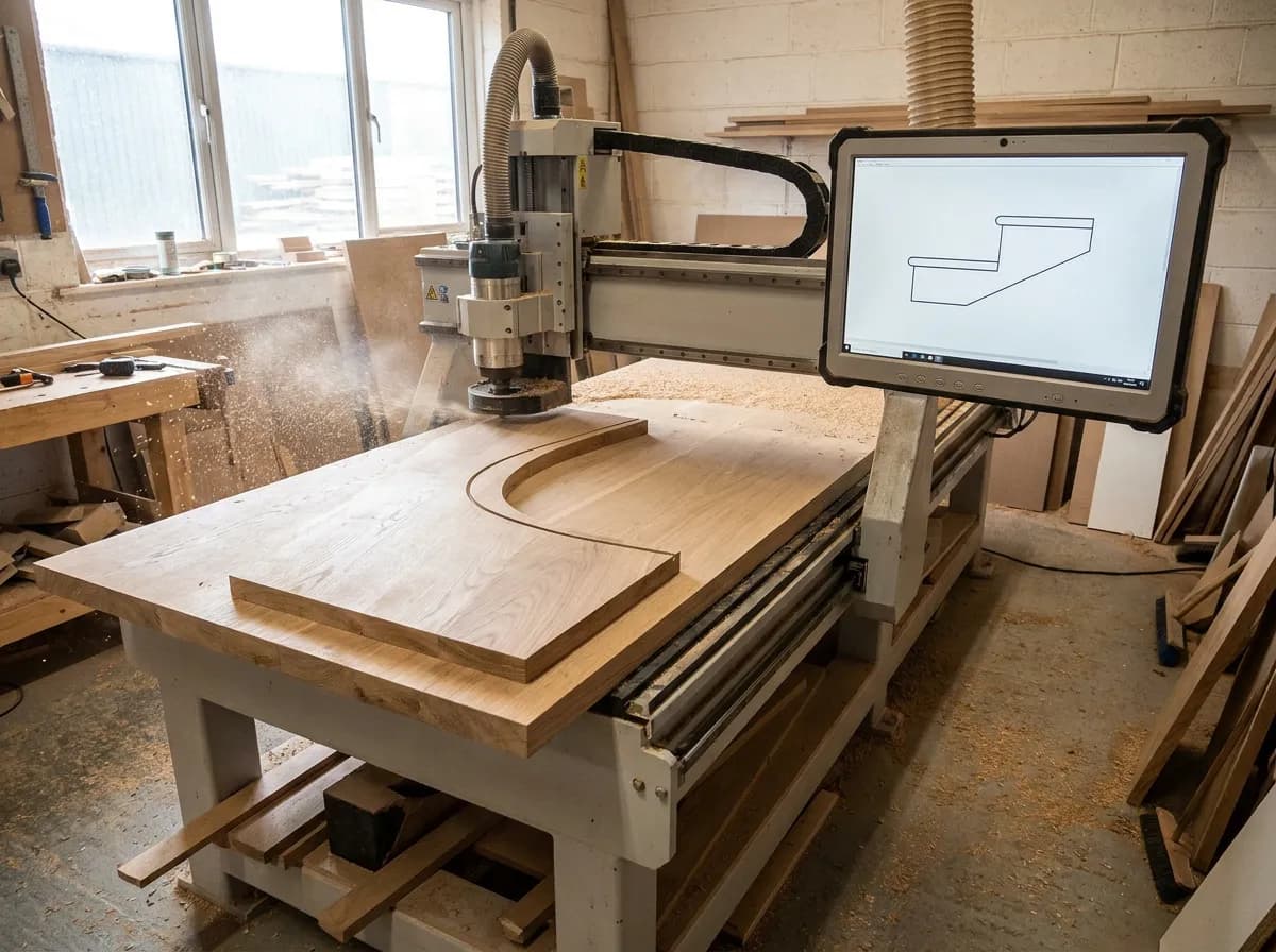 A CNC router cutting an oak stair tread, the tread drawing on a screen beside it