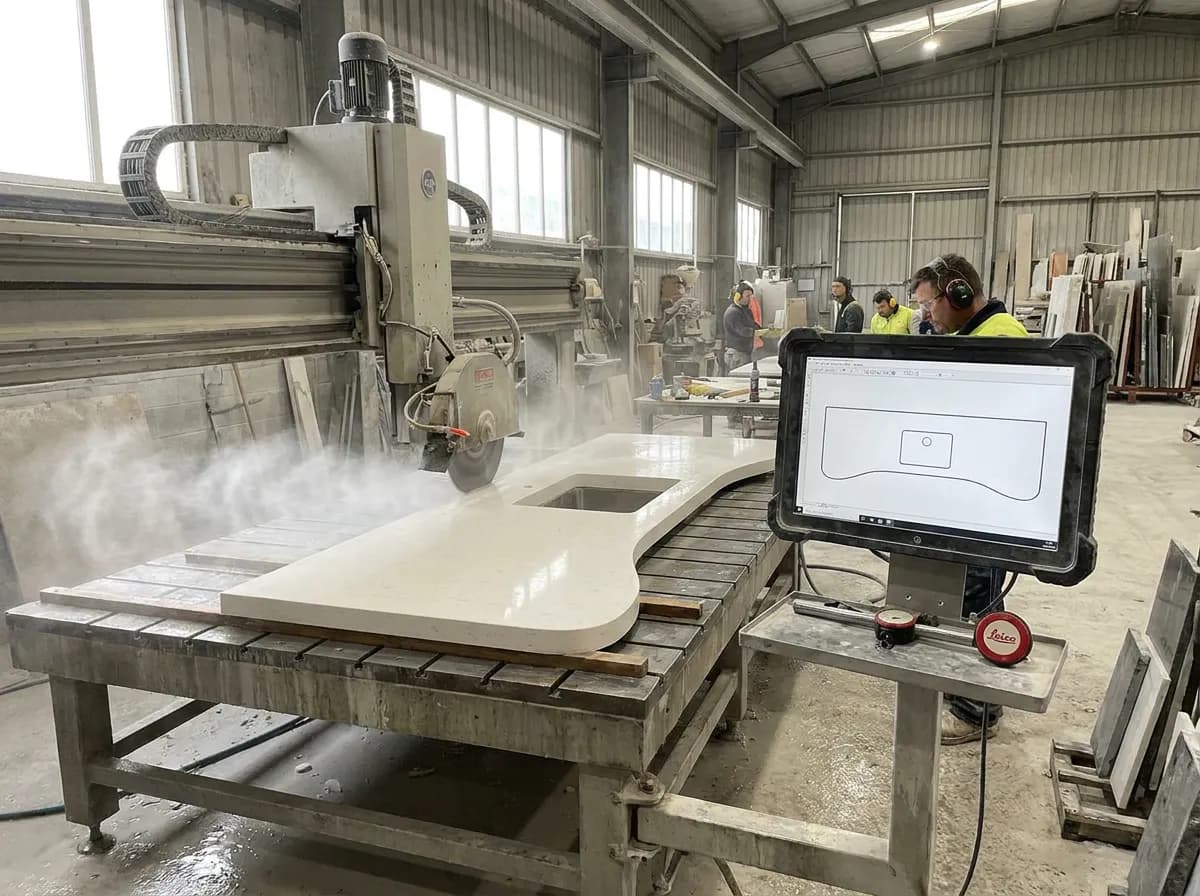 A CNC bridge saw cutting a curved quartz worktop with a sink cut-out, the drawing on a screen beside it