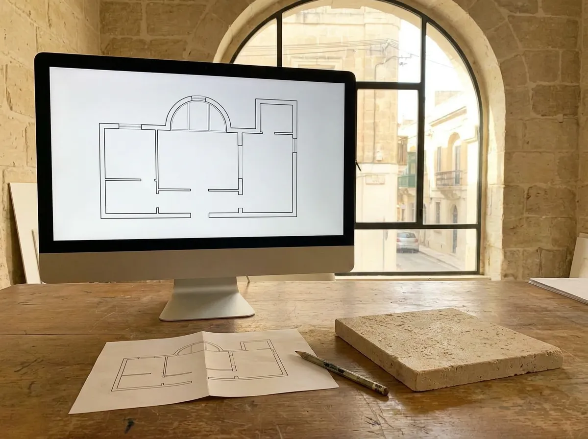 A measured floor plan with an arched window on a designer's monitor and on paper